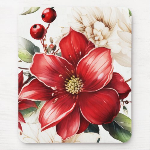 Christmas Flower Poinsettia Red Green Pattern Mouse Pad