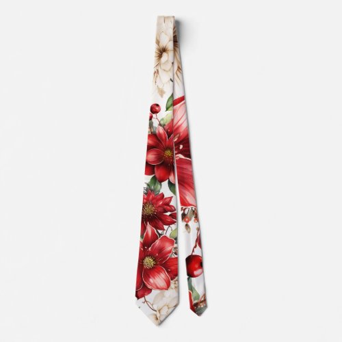 Christmas Flower Poinsettia Red Green Pattern Neck Tie