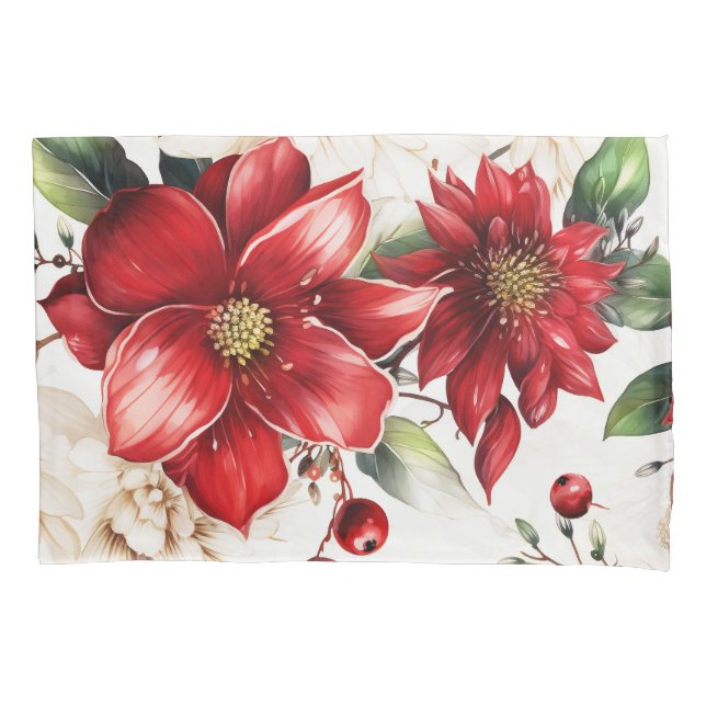 Christmas Flower Poinsettia Red Green Pattern Pillow Case (Front)