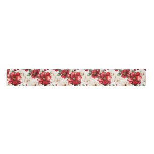 Christmas Flower Poinsettia Red Green Pattern Satin Ribbon