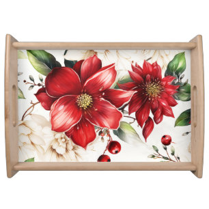 Christmas Flower Poinsettia Red Green Pattern Serving Tray