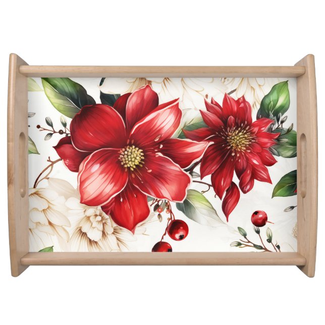 Christmas Flower Poinsettia Red Green Pattern Serving Tray (Front)
