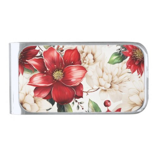 Christmas Flower Poinsettia Red Green Pattern Silver Finish Money Clip
