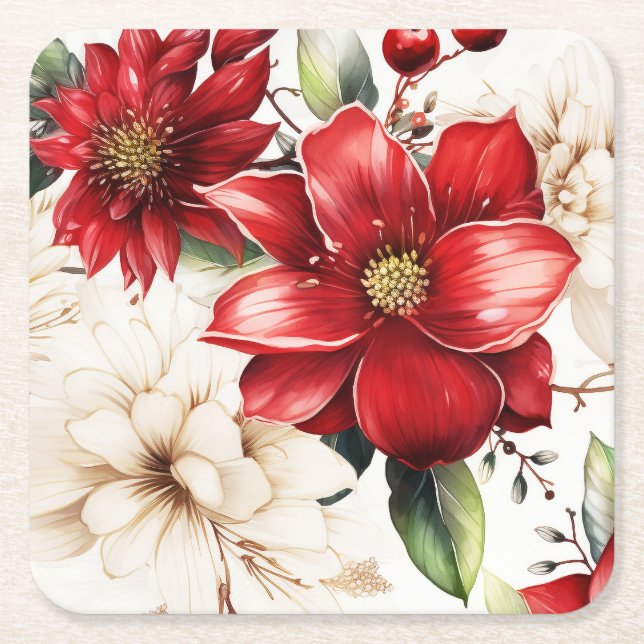 Christmas Flower Poinsettia Red Green Pattern Square Paper Coaster (Front)