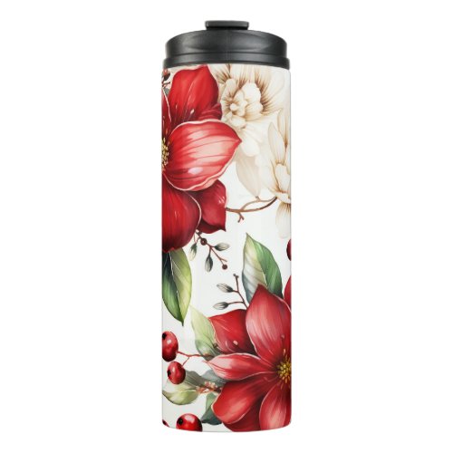 Christmas Flower Poinsettia Red Green Pattern Thermal Tumbler