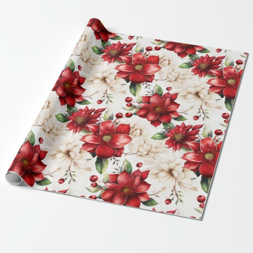 Christmas Flower Poinsettia Red Green Pattern Wrapping Paper