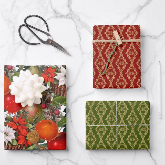 Christmas flowers and fruit wrapping paper sheets (Front)