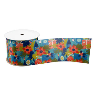 Christmas flowers and symbols festive pattern satin ribbon