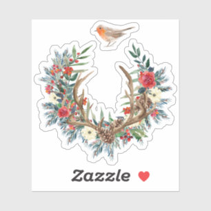 Christmas flowers & antlers wreath red Robbin bird Sticker