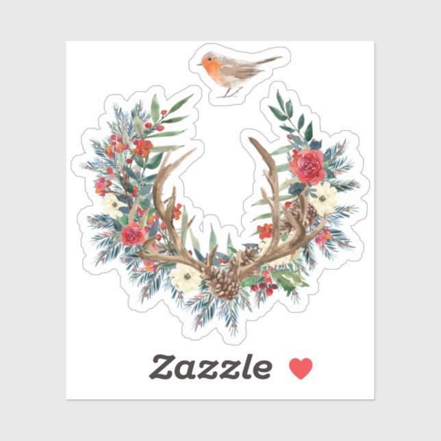 Christmas flowers & antlers wreath red Robbin bird Sticker (Sheet)