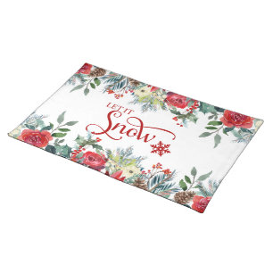 Christmas flowers border Let-it Snow typography Cloth Placemat