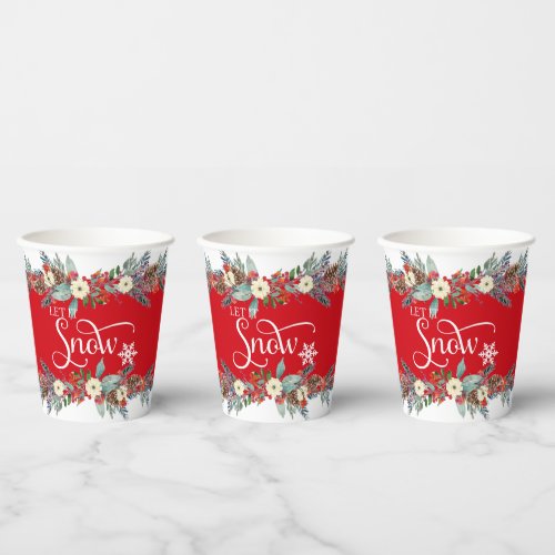 Christmas flowers border_Let it snow typography Paper Cups
