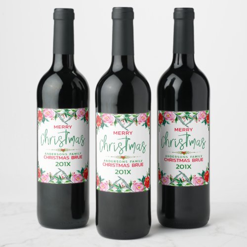 Christmas flowers border  modern typography wine label