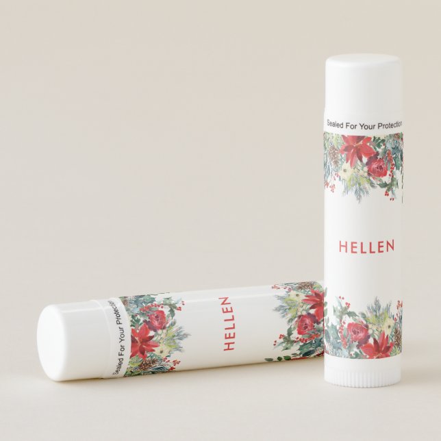 Christmas flowers border Monogram Lip Balm (Front)