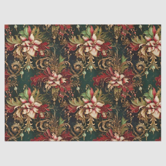 Christmas Flowers on Green Decoupage Tissue Paper (Front)