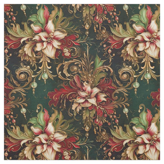 Christmas Flowers on Green Fabric (Swatch)