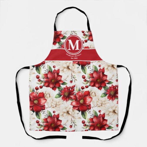 Christmas Flowers Poinsettia Red Green Pattern Apron