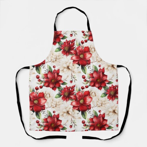 Christmas Flowers Poinsettia Red Green Pattern Apron