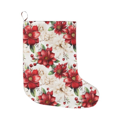 Christmas Flowers Poinsettia Red Green Pattern Large Christmas Stocking