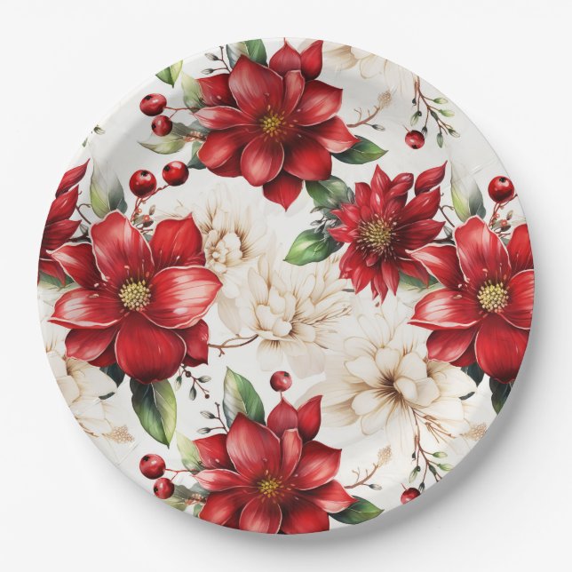 Christmas Flowers Poinsettia Red Green Pattern Paper Plates (Front)
