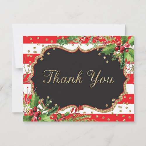 Christmas Flowers Red Black Gold Glitter Confetti Thank You Card