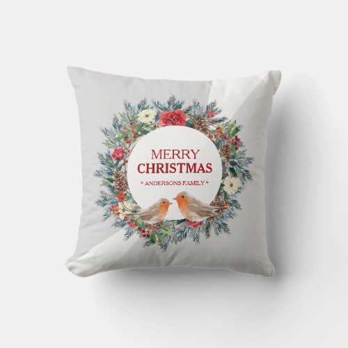 Christmas Flowers  Robin Birds Wreath Throw Pillow