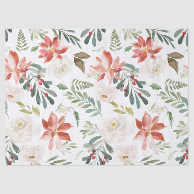Christmas Flowers & White Roses Pattern Tissue Paper (Front)