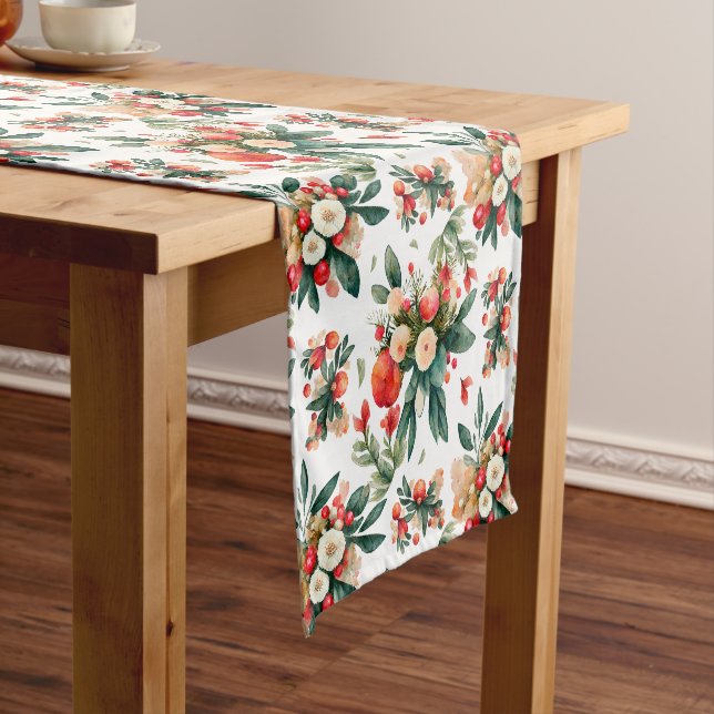 Christmas flowers with greenery bouquet pattern short table runner (In Situ)