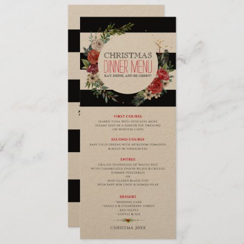 Christmas flowers wreath and stripes invitation