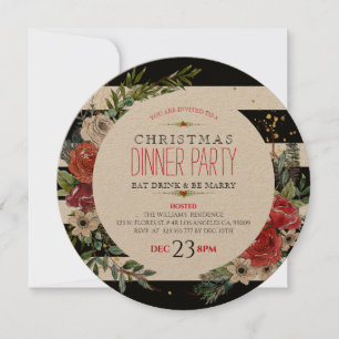 Christmas Flowers Wreath & Stripes Diner Invite