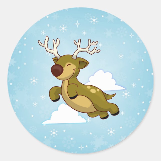 Christmas Flying Reindeer Classic Round Sticker (Front)