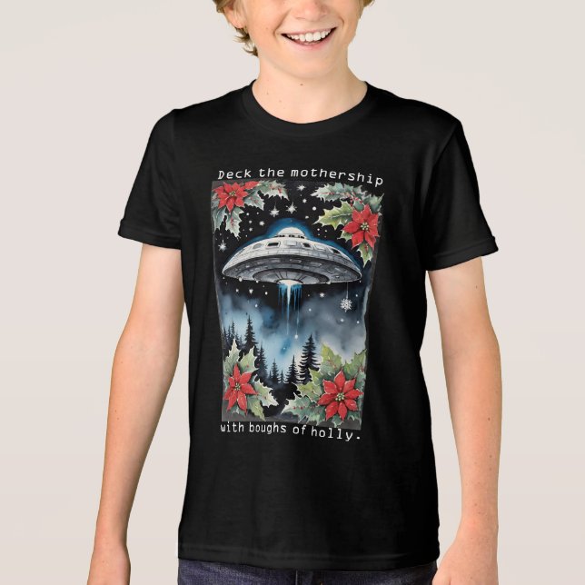 Christmas Flying Saucer Aliens Deck the Mothership Tri-Blend Shirt (Front)