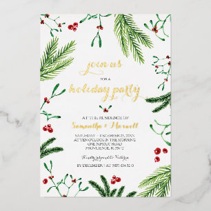 Christmas Foliage and Berries Gold Foil Invitation