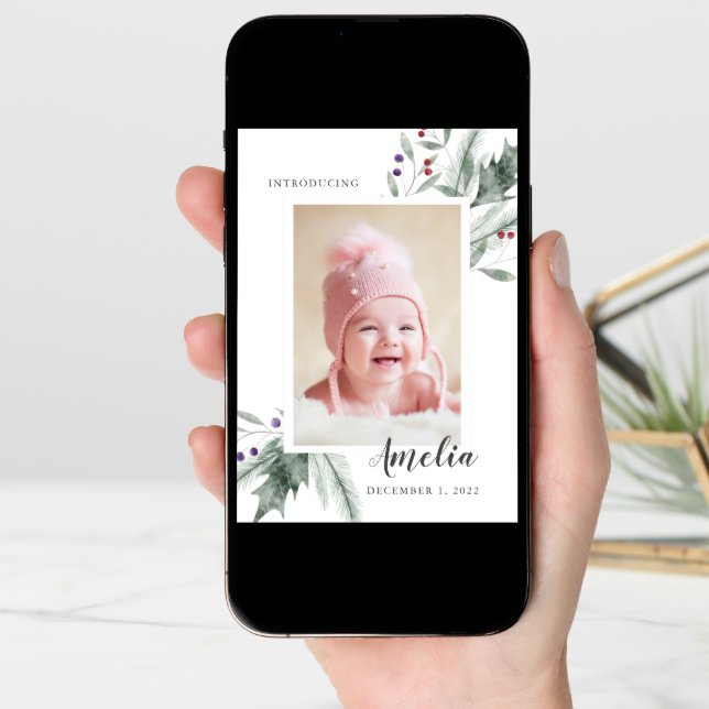 Christmas Foliage Baby Photo Birth Announcement (Front Digital)