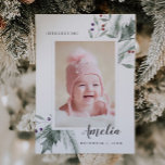 Christmas Foliage Baby Photo Birth Announcement<br><div class="desc">Elegant and whimsical birth announcement card featuring watercolor illustration of winter botanicals around the frame. You can add a second picture on the back with your message. Perfect card to send during Christmas season.</div>