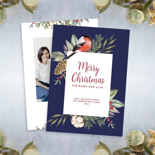 Christmas Foliage Blue Photo Holiday Card