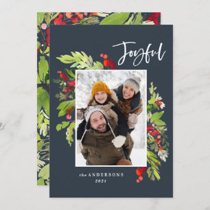 Christmas foliage blue traditional rustic photo holiday card