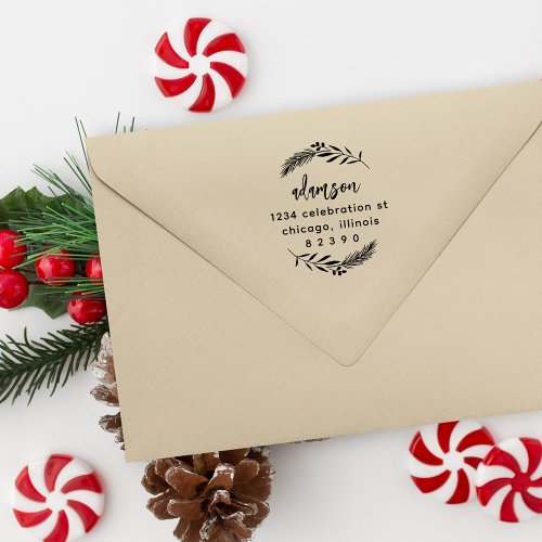 Christmas Foliage Family Script Return Address Rubber Stamp