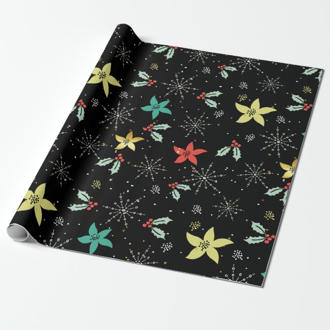 Christmas Foliage Flowers & Snowflakes Pattern Wrapping Paper (Unrolled)