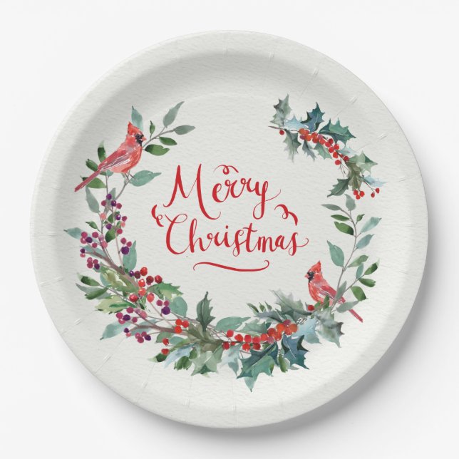Christmas foliage, holly, Cardinal bird Paper Plates (Front)