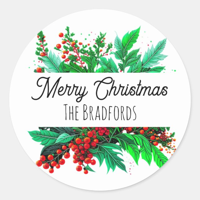 Christmas Foliage | Merry Christmas Personalized Classic Round Sticker (Front)