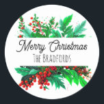 Christmas Foliage | Merry Christmas Personalized Classic Round Sticker<br><div class="desc">Pretty watercolor Christmas pine branches and berries and foliage,  personalized holiday stickers. Just add your last name in the personalize area.</div>