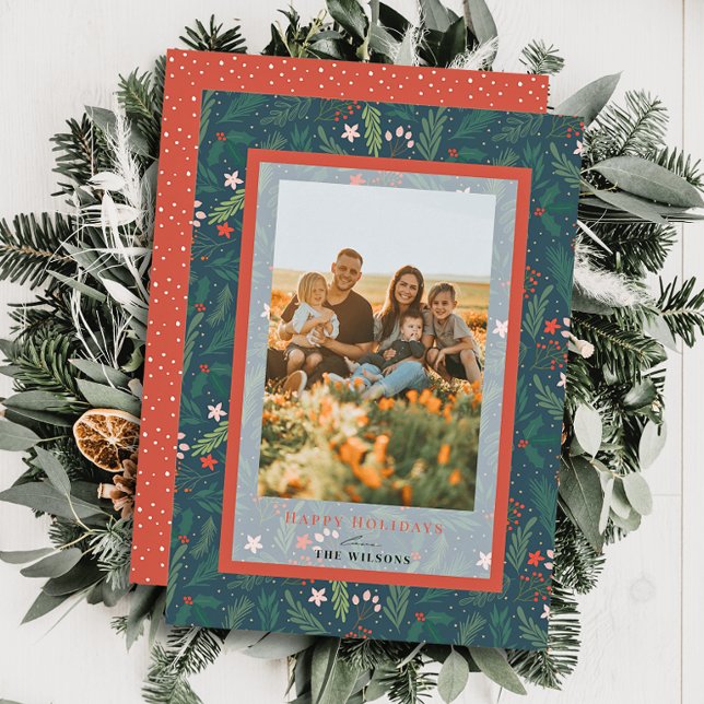 Christmas Foliage Navy Blue Holiday Photo Card (Creator Uploaded)