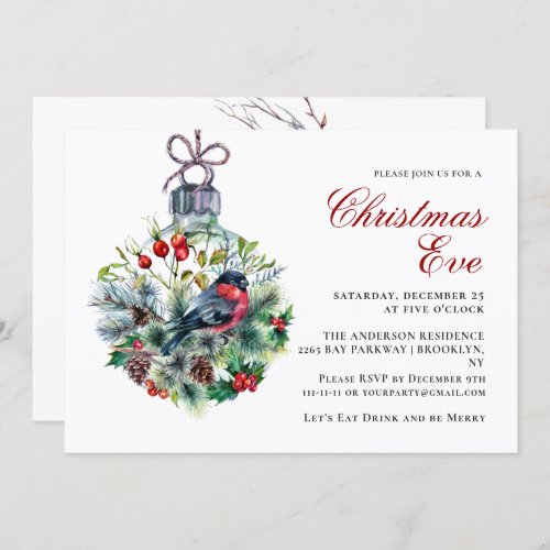 Christmas Foliage  Red Bird Christmas Eve Party Invitation