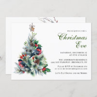 Christmas Foliage & Red Bird Christmas Eve Party Invitation