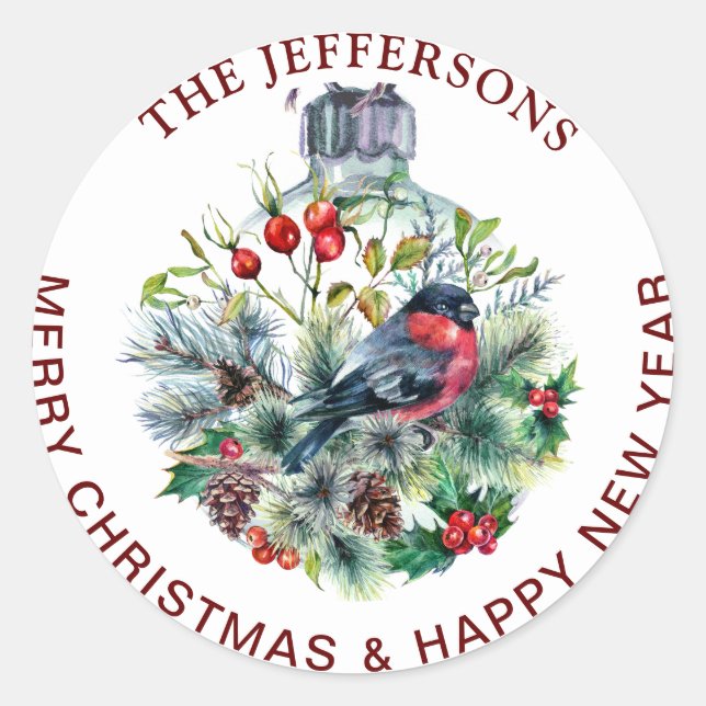 Christmas Foliage & Red Bird Envelope Seal Label (Front)