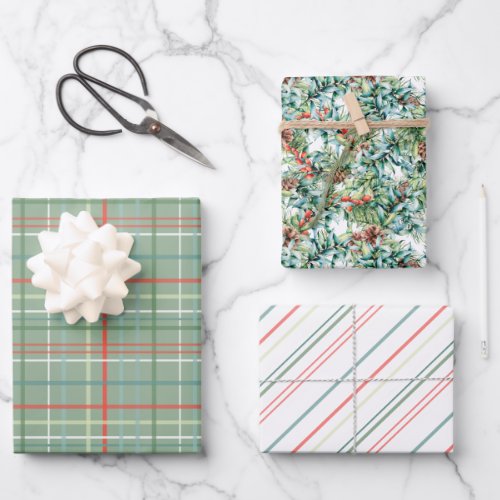 Christmas Foliage Stripes and Plaid Wrapping Paper Sheets