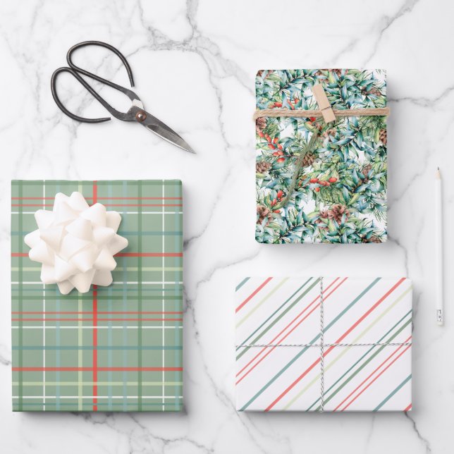Christmas Foliage, Stripes and Plaid Wrapping Paper Sheets (Front)