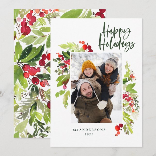 Christmas foliage traditional rustic 1 photo holiday card (Front/Back)