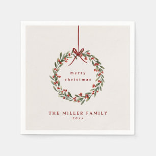Christmas foliage wreath with red bow  napkins
